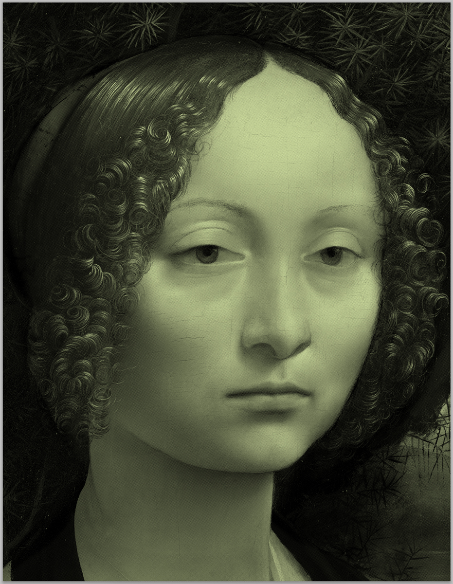 Ginevra de Benci gold (after Leonardo da Vinci) 2024. <br>Acrylic and diamond dust in canvas
62 x 48 inches.