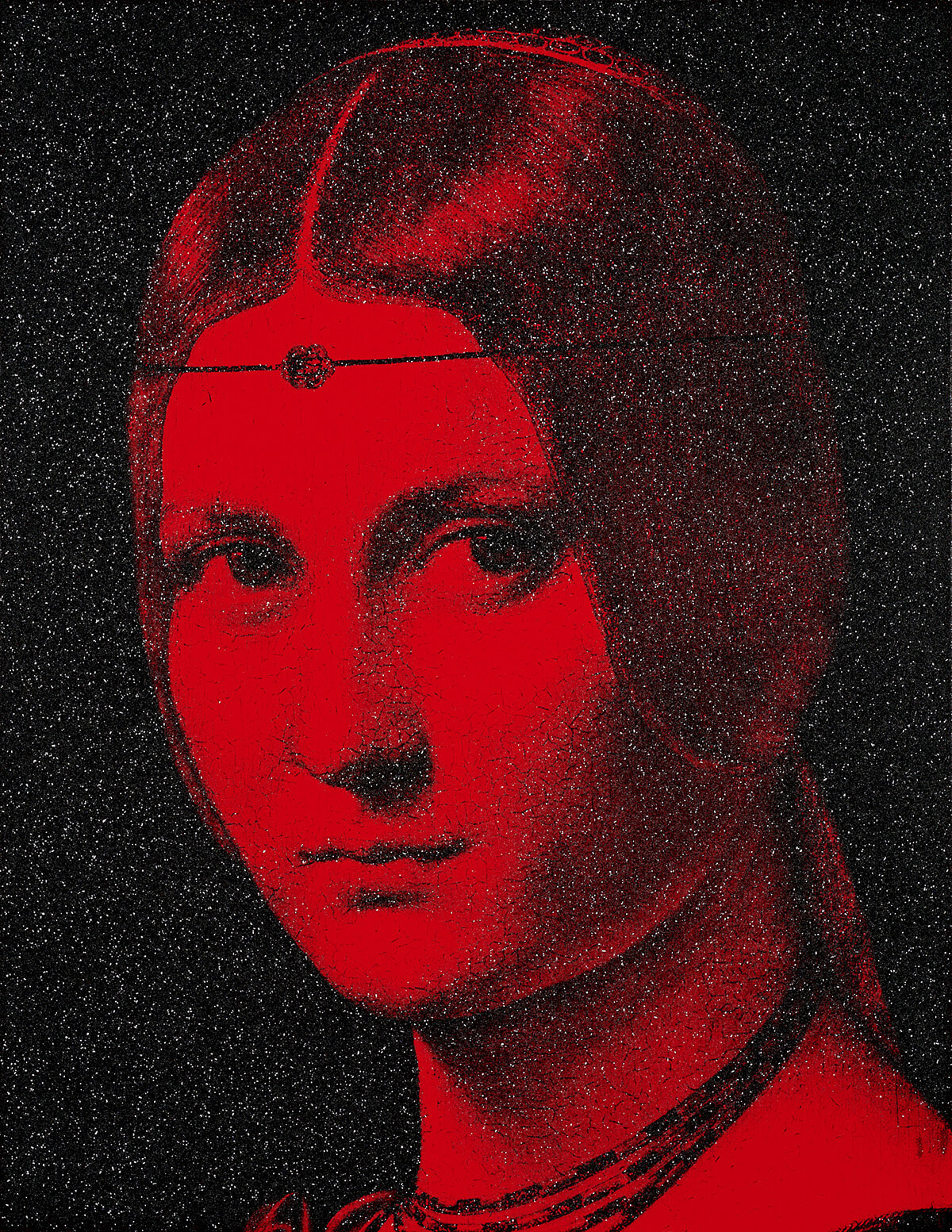 La Belle Ferronnière red (after Leonardo da Vinci), 2023.<br>
Acrylic and diamond dust in canvas
62 x 48 inches.