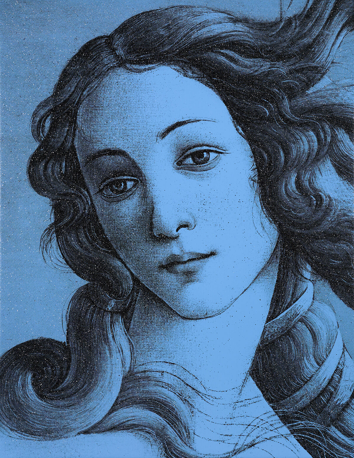 The Birth of Venus blue (after Botticelli), 2023.<br>
Acrylic and diamond dust in canvas
62 x 48 inches.